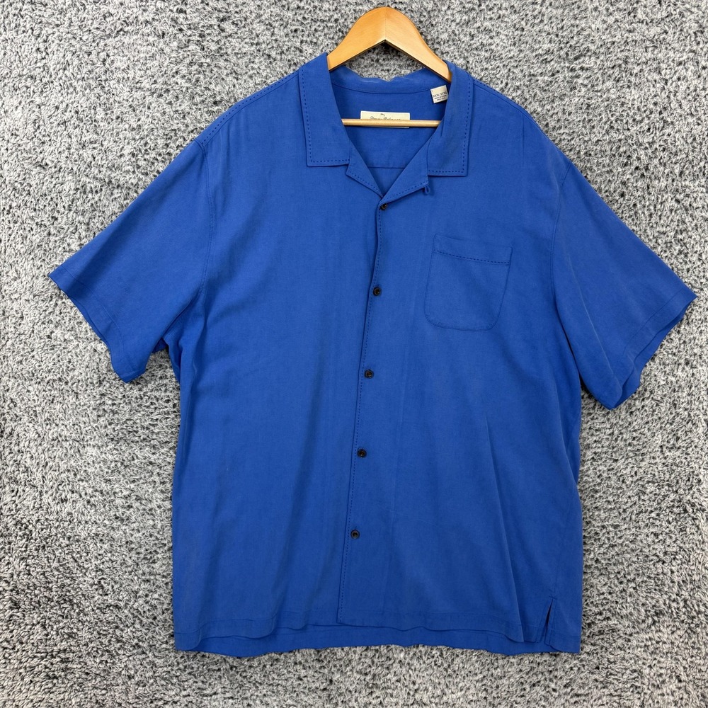 Tommy Bahama Shirt Mens 3XL Blue 100% Silk Hawaiian Loop Collar Camp Button Up